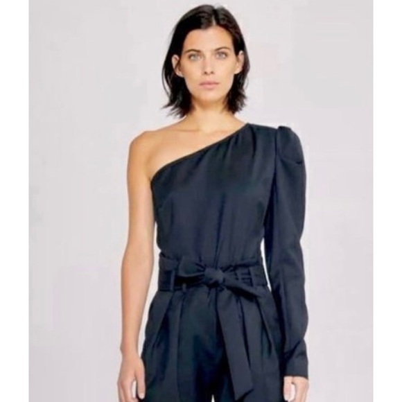 IRO Harabel Wool One Shoulder Puff Sleeve Belt Tailored Pleated Jumper Jumpsuit - Picture 5 of 15